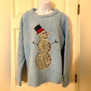 Womens very warm sherpa ugly Christmas sweater with large sequin snowman.